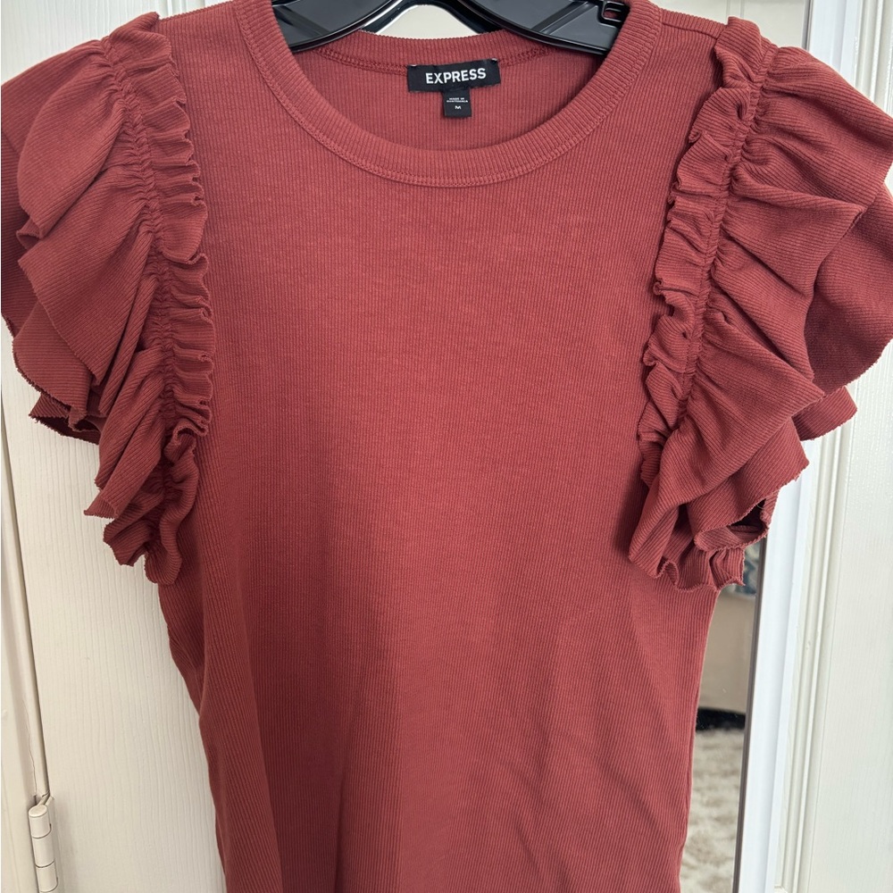 Express Women's Ruffled Sleeve Blouse - Brick Red